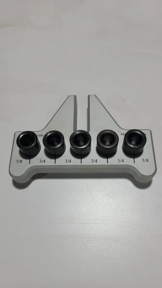 This image shows the 3/8 inch dowel guide for the Jessem doweling jig. Showing five guide hole 3/4 inch on center.